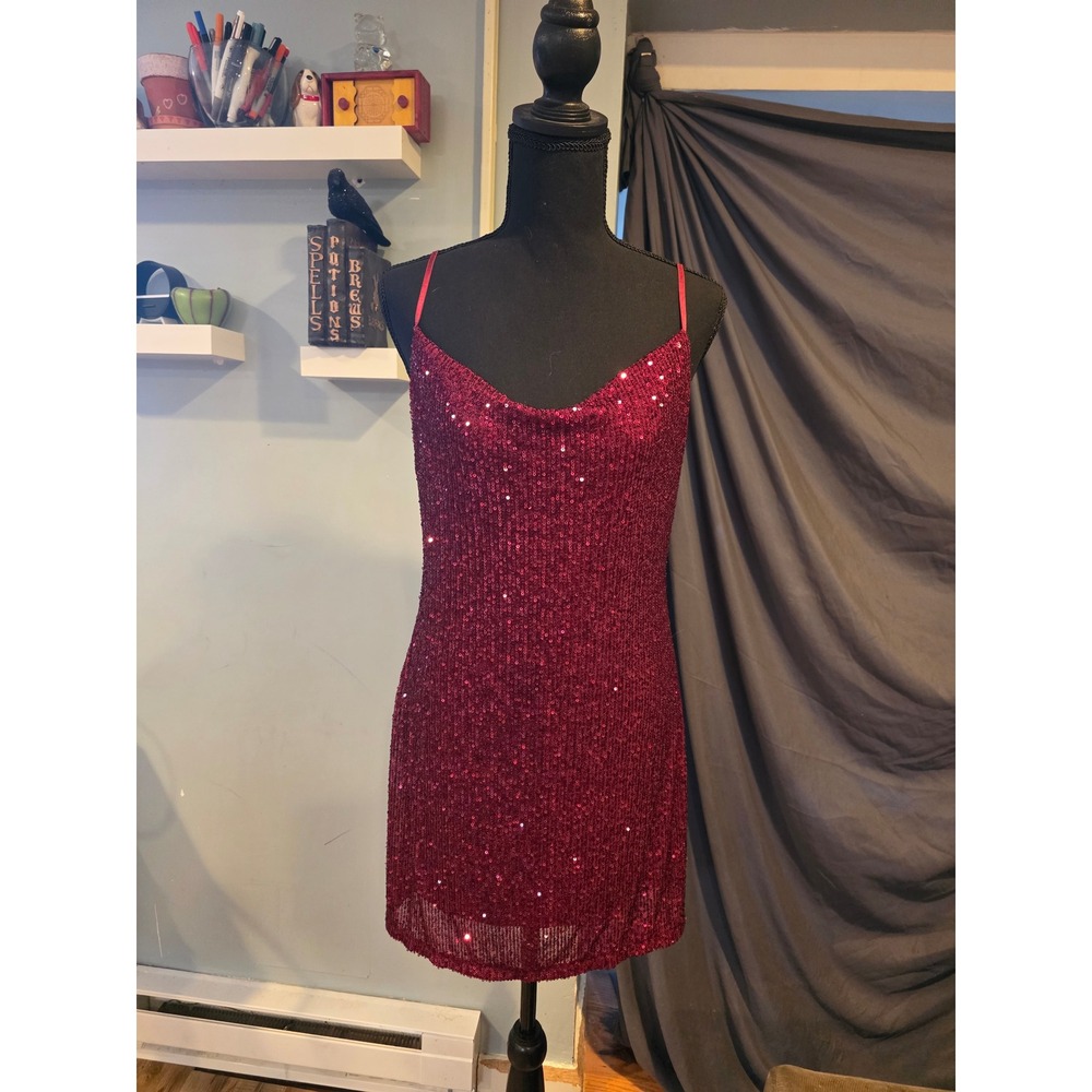 Bebop Burgundy Sequin Mini Dress Cowl Neck Holiday NYE Party Cocktail M